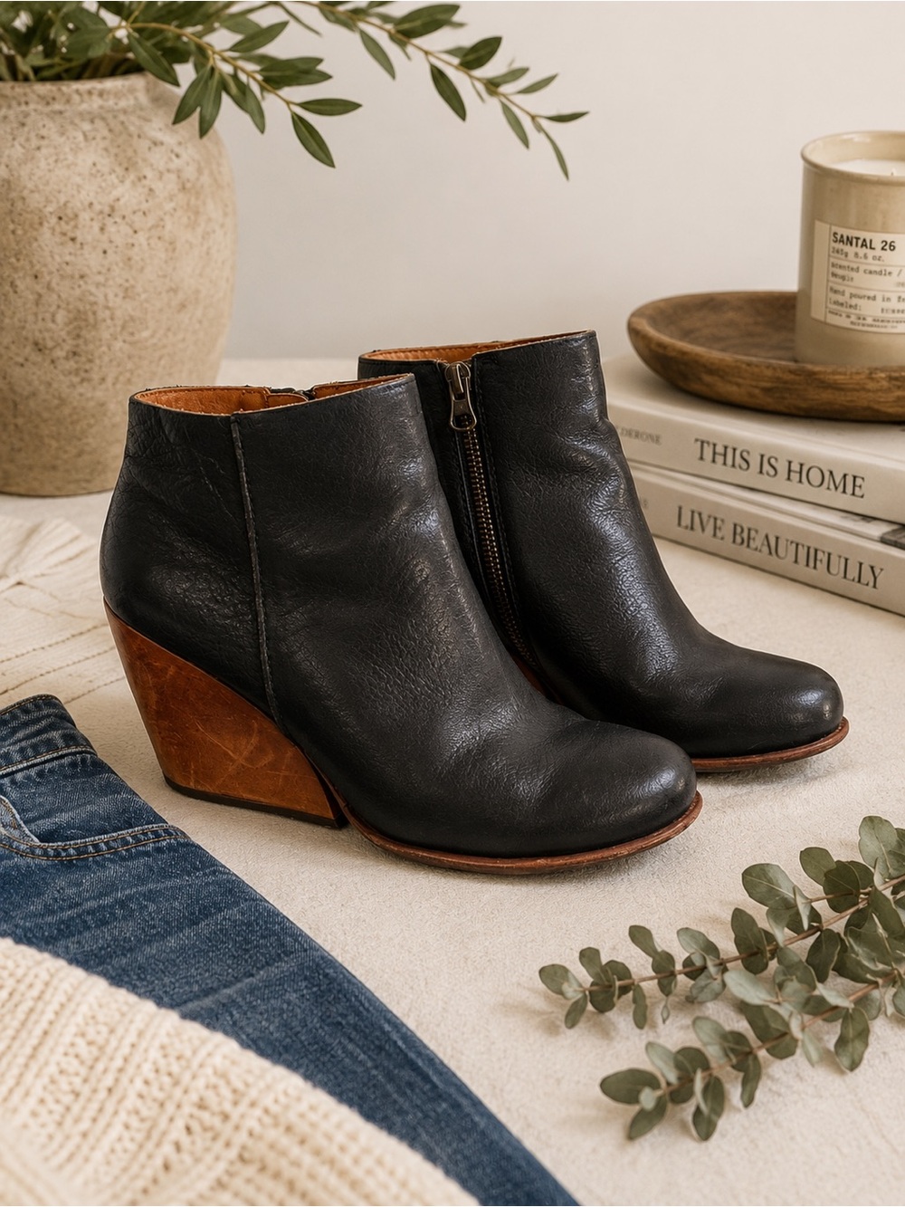 Stylish Black and Brown Wedge Ankle Boots
